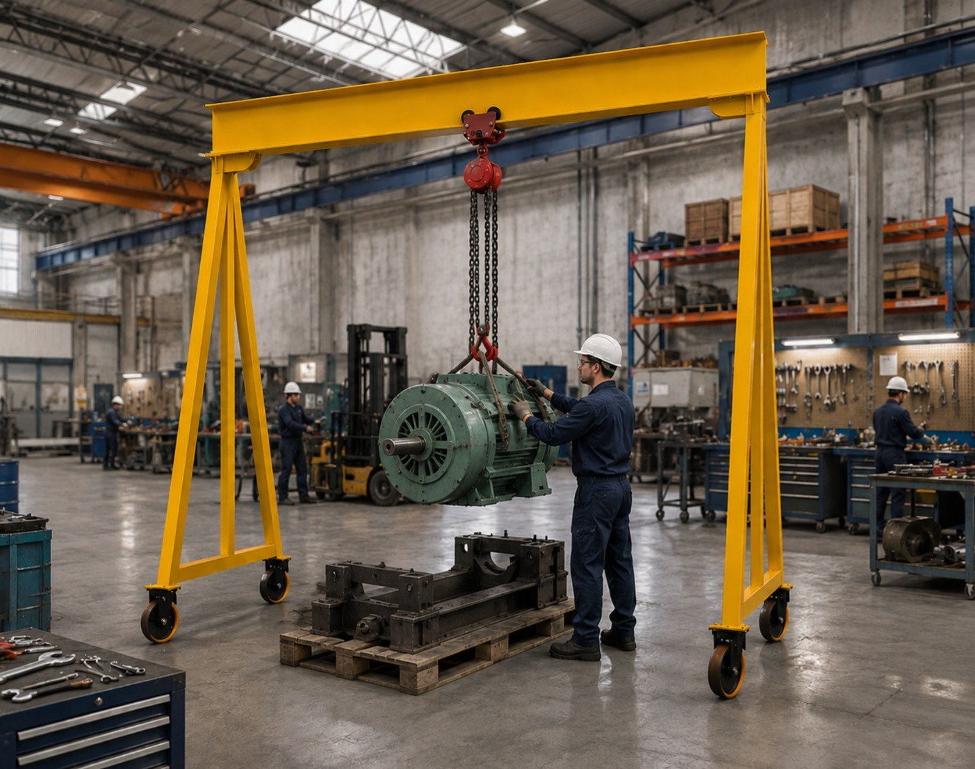 Operador içando motor industrial com pórtico rolante RADKE